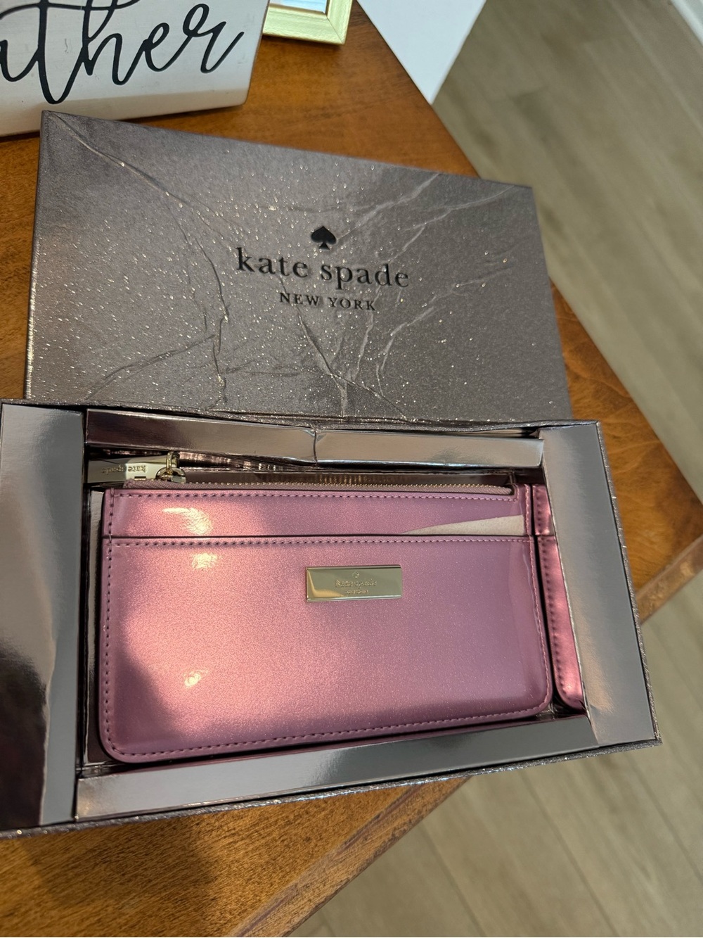 kate spade Metallic Rose Pink Card Pouch with Gold Plaque